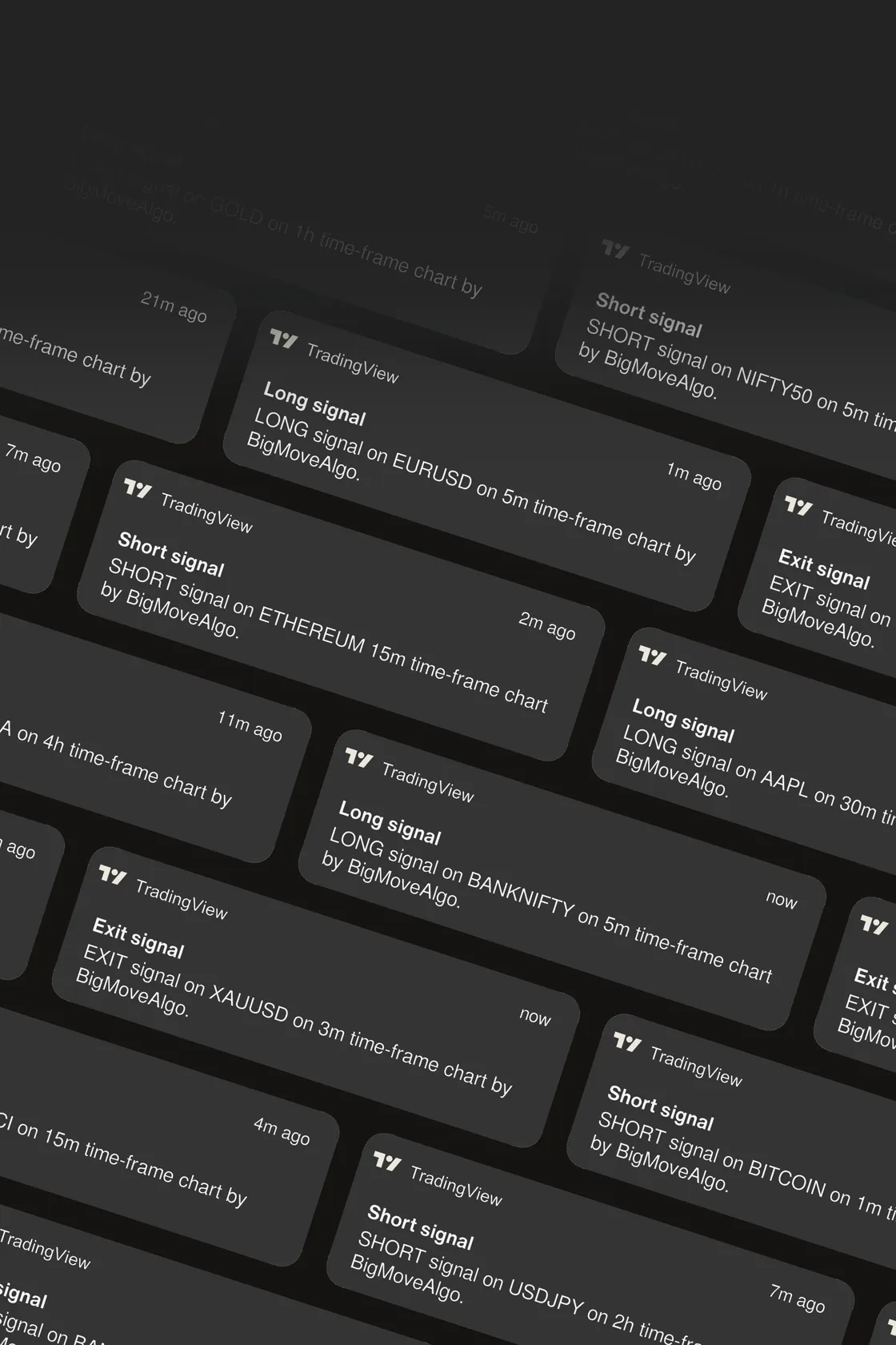 TradingView notification cards stacked on a phone screen, each carrying a Big Move Algo signal.