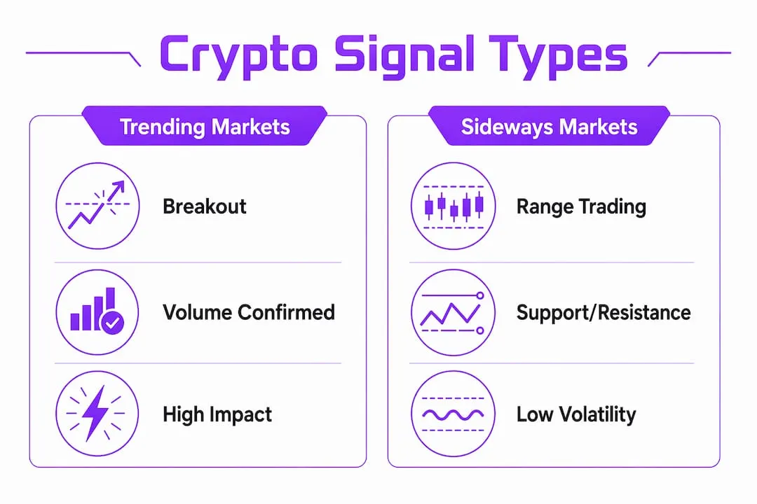 Infographic comparing crypto signal types for market conditions