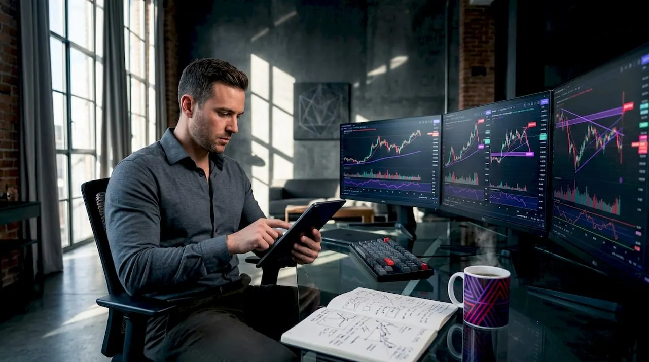Crypto trader monitoring trading signals on screens