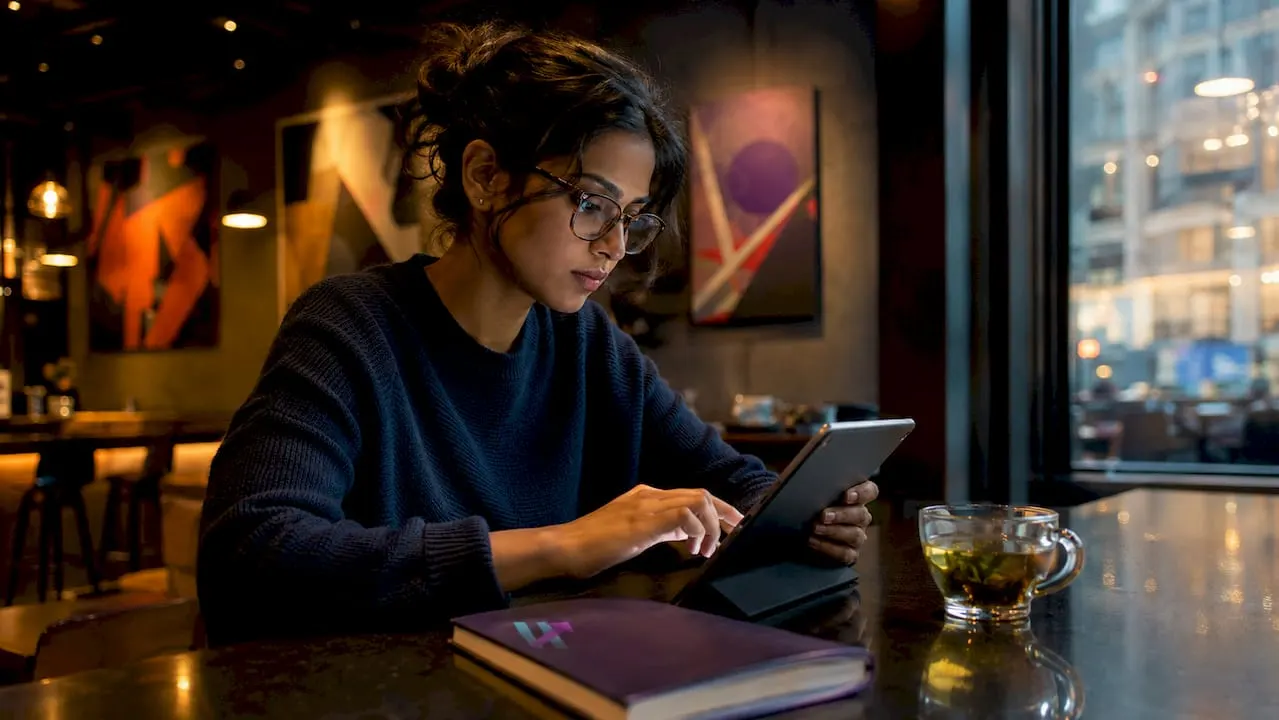 Woman analyzing crypto trend signals on tablet at home
