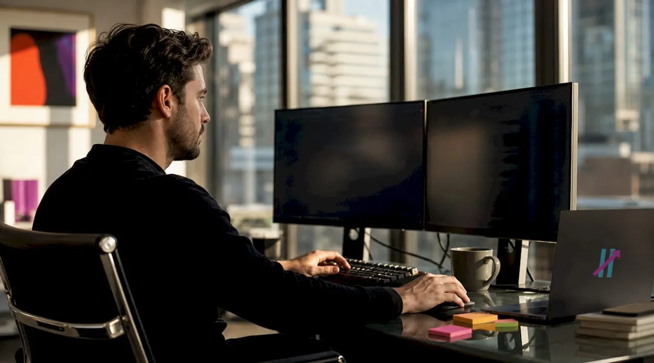 Trader analyzing signals on dual monitors