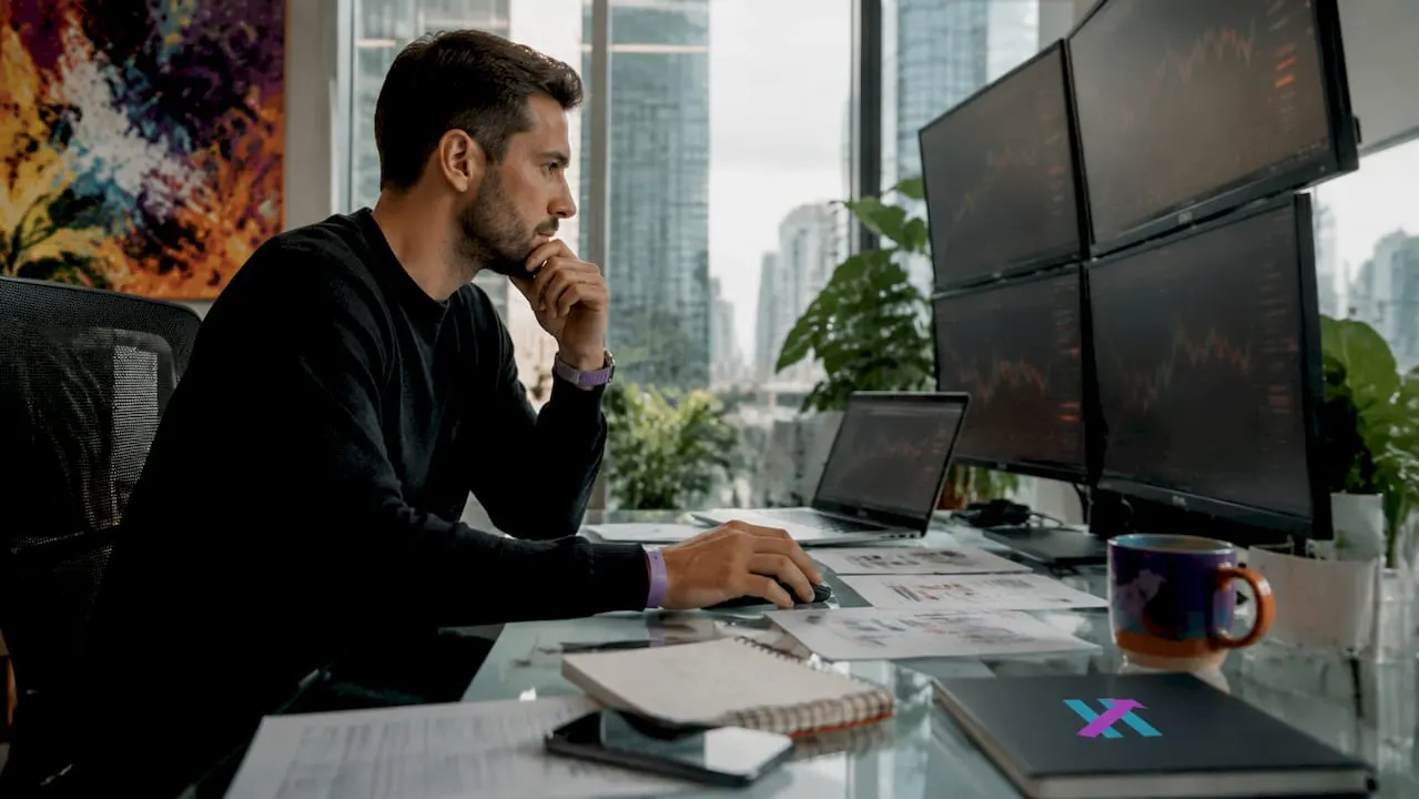 Trader analyzing market timing indicators at desk