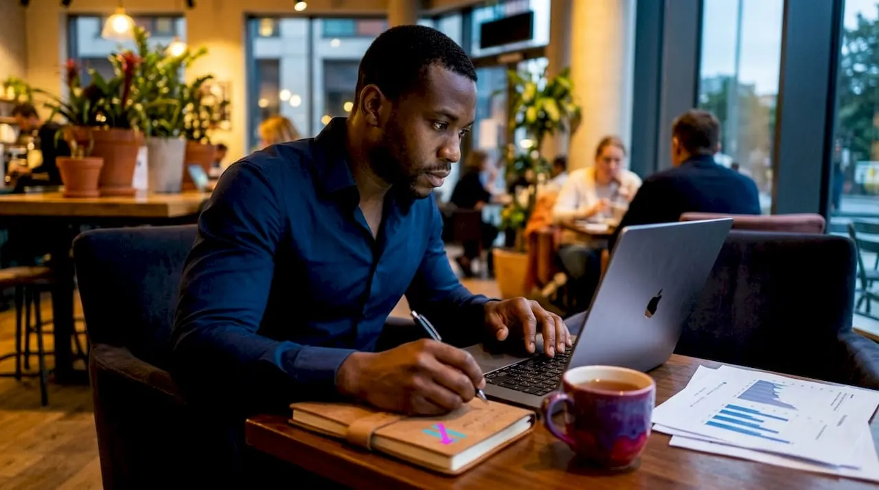 Trader performing daily market analysis at office desk