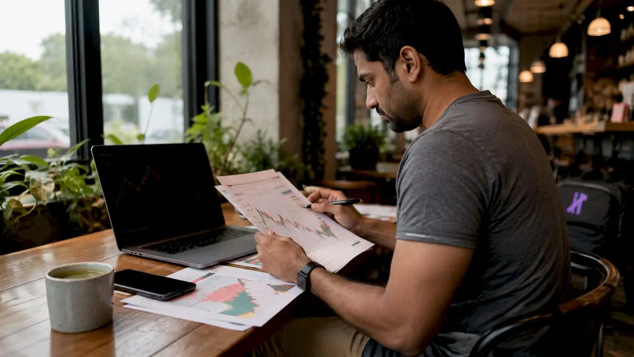 Trader reviewing trading signals at home desk