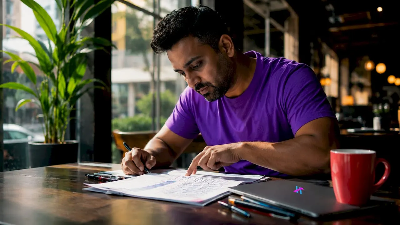 Trader reviewing printed trading journal pages
