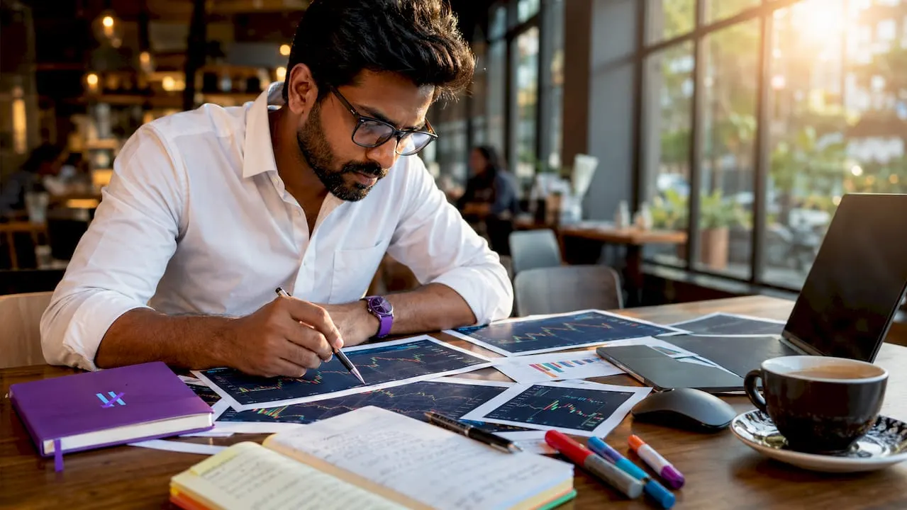 Trader studying printed stock charts at desk