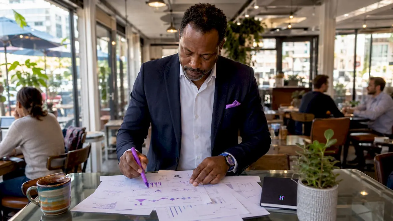 Man preparing stock watchlist at desk