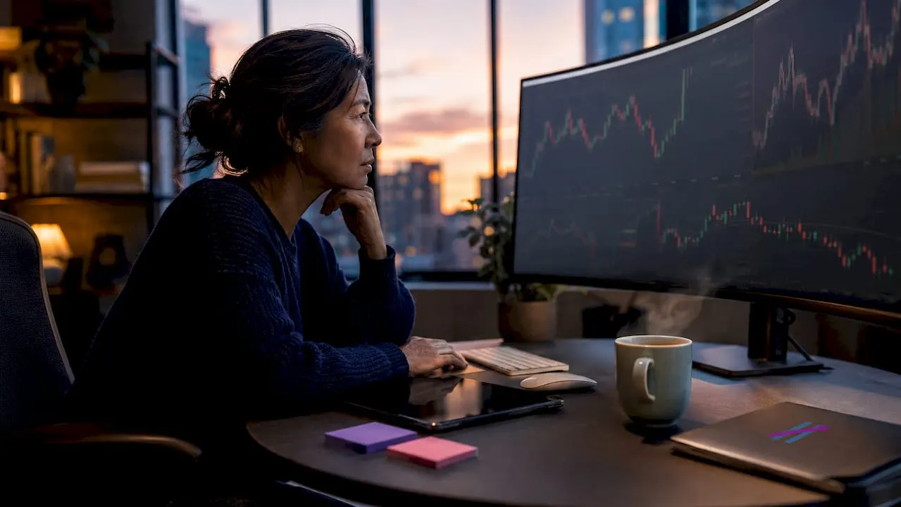 Woman using simple trading signals at home desk