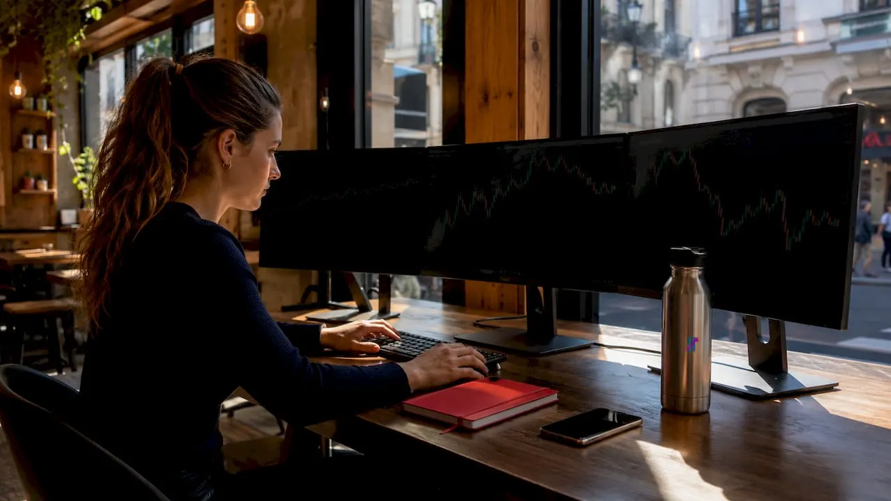 Female trader using multi-chart setup from behind