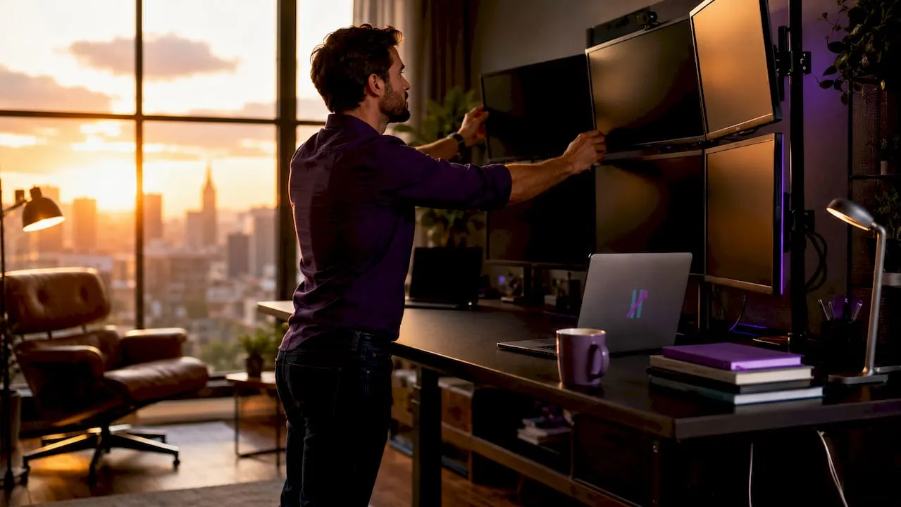 Trader at desk arranging multiple monitors