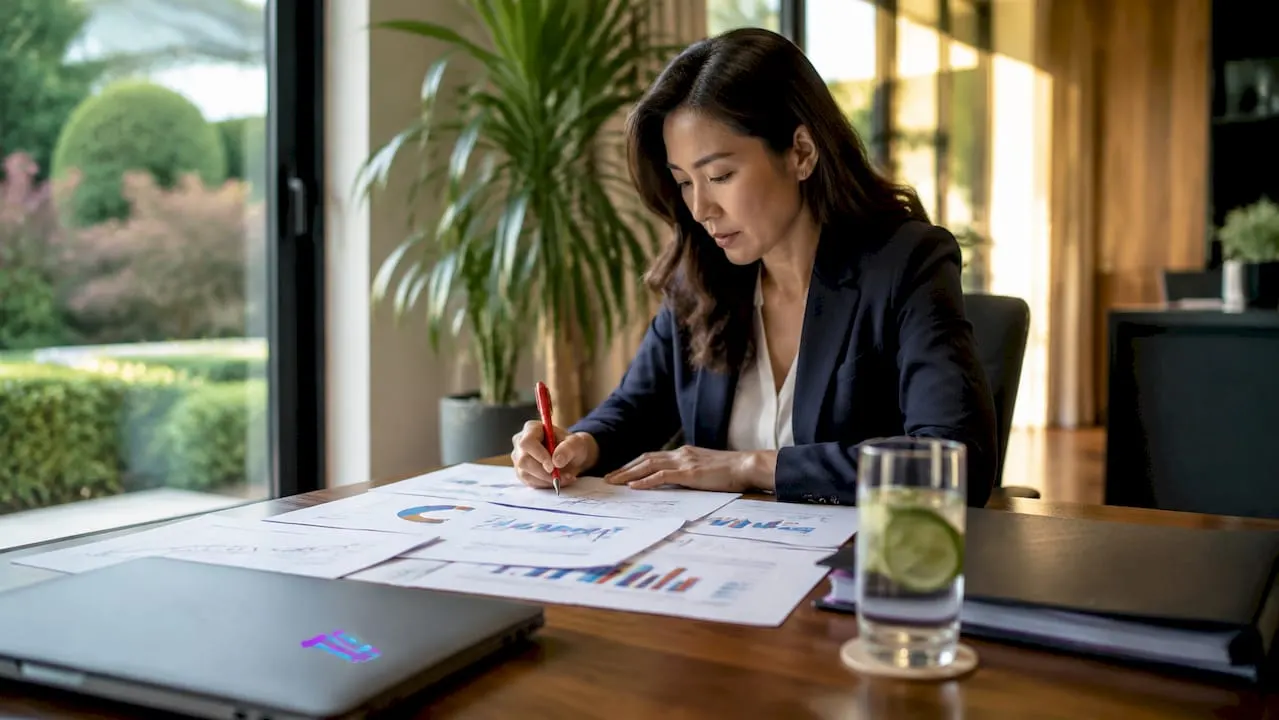 Woman analyzing trading market reports at office desk