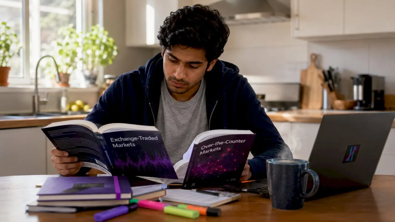 Man studying exchange-traded and OTC markets at home desk