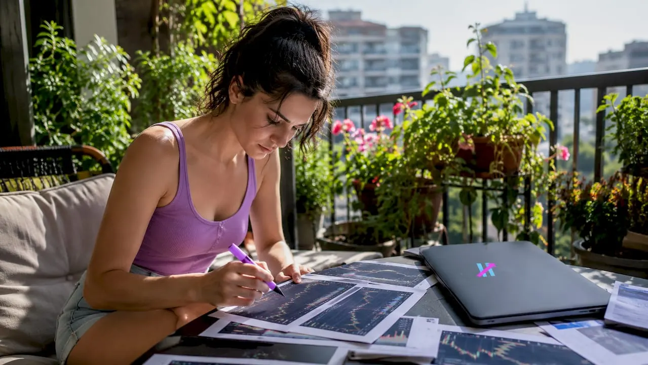 Woman reviewing crypto trading pair documents at home desk