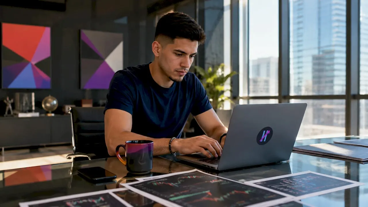 Hands typing on laptop with crypto trading pair documents nearby