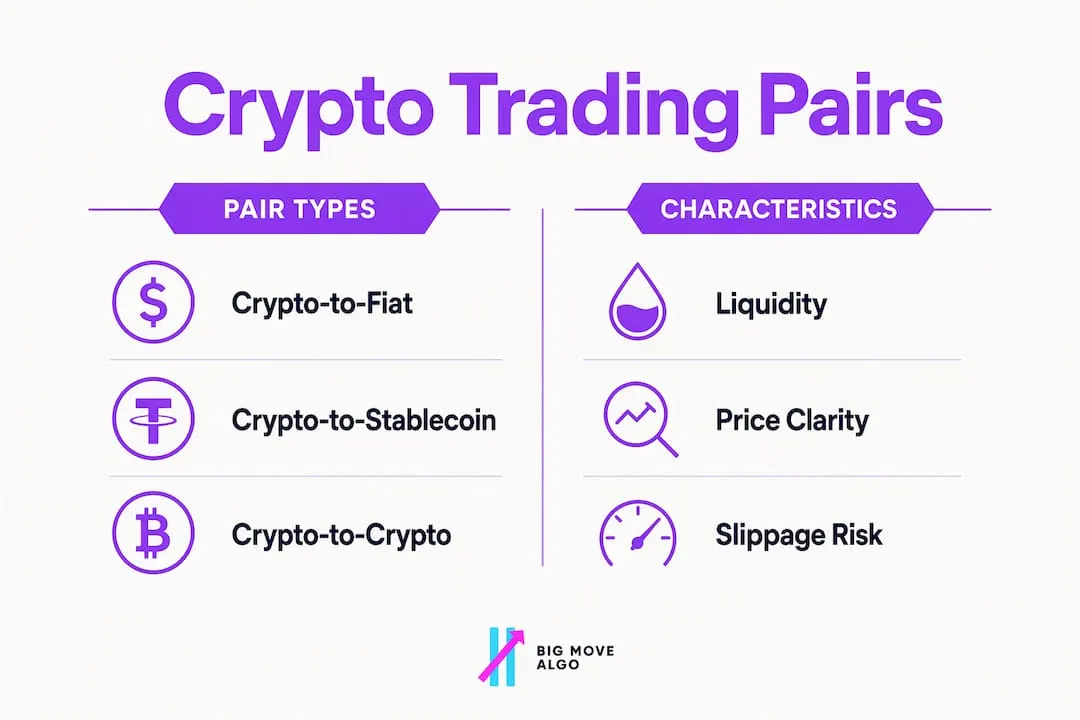 Infographic comparing crypto trading pair types and characteristics