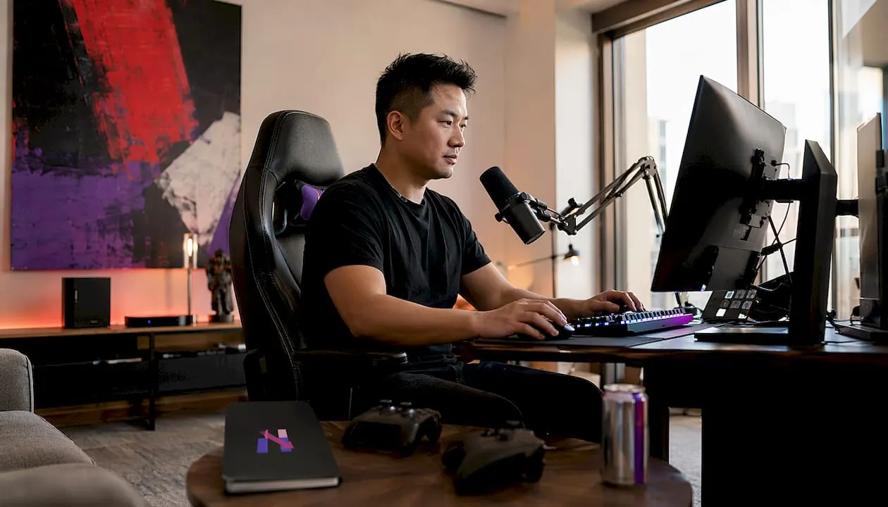 Man streaming live gaming session in basement studio