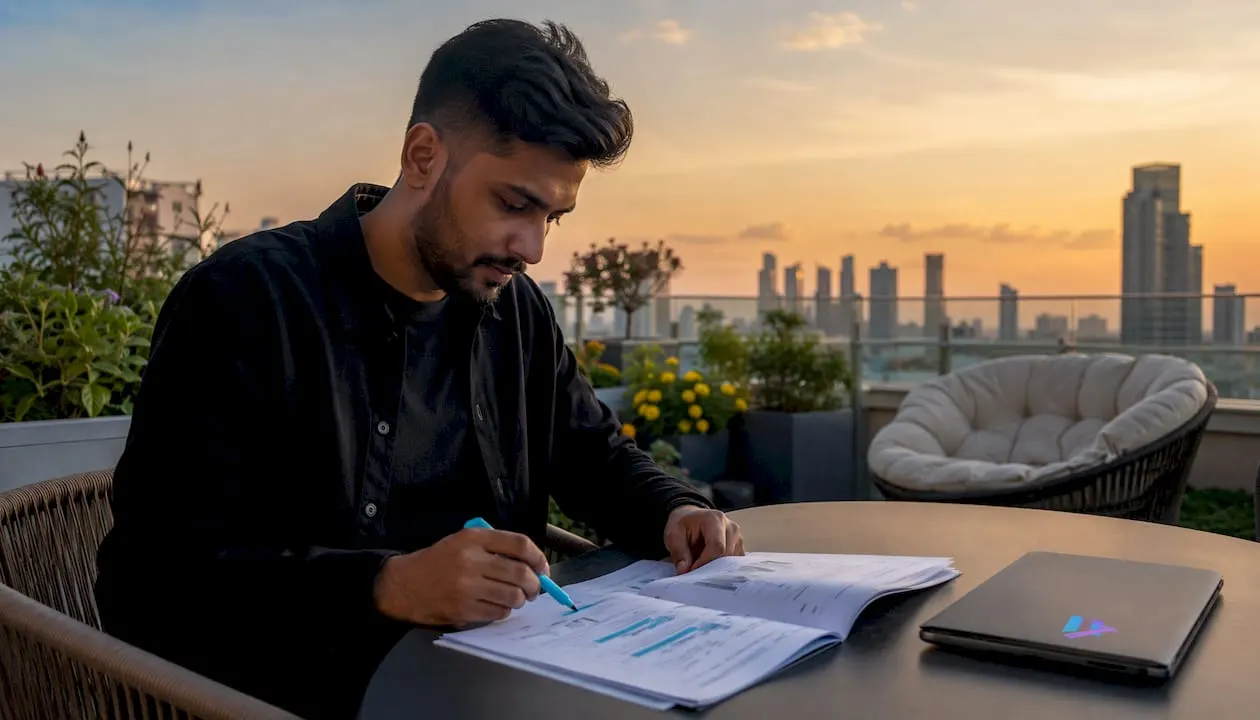 Trader reviewing printed income strategy guide at desk