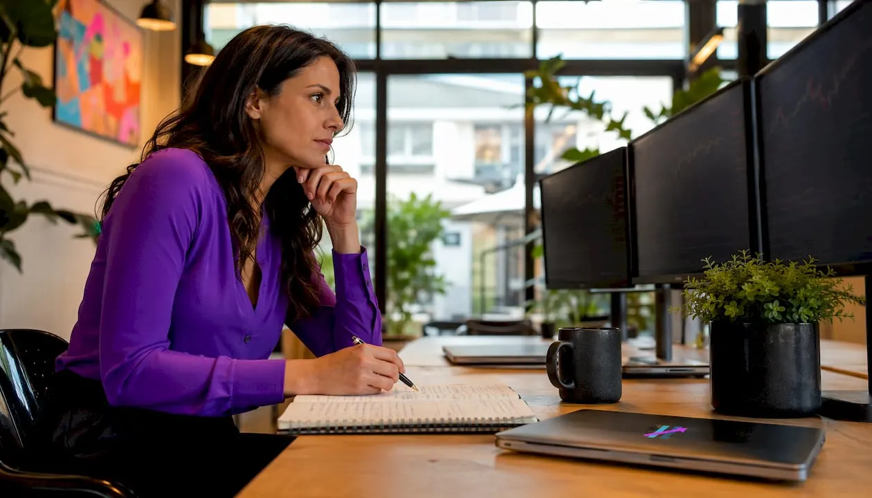 Active trader at home desk managing trades