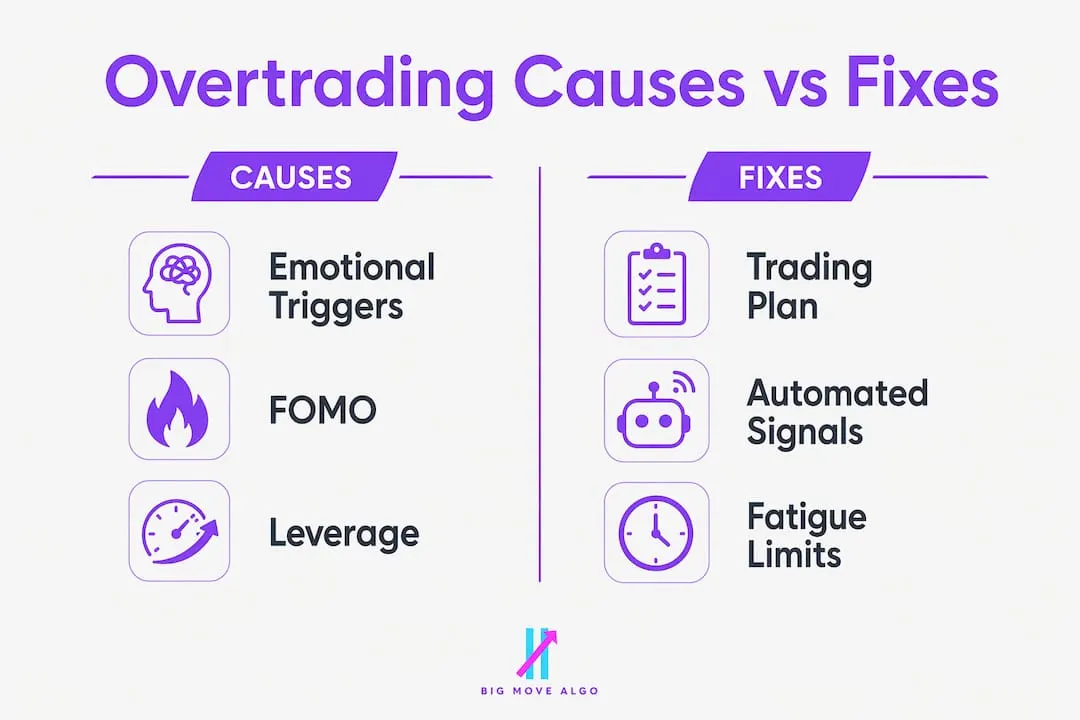 Infographic comparing overtrading causes and fixes