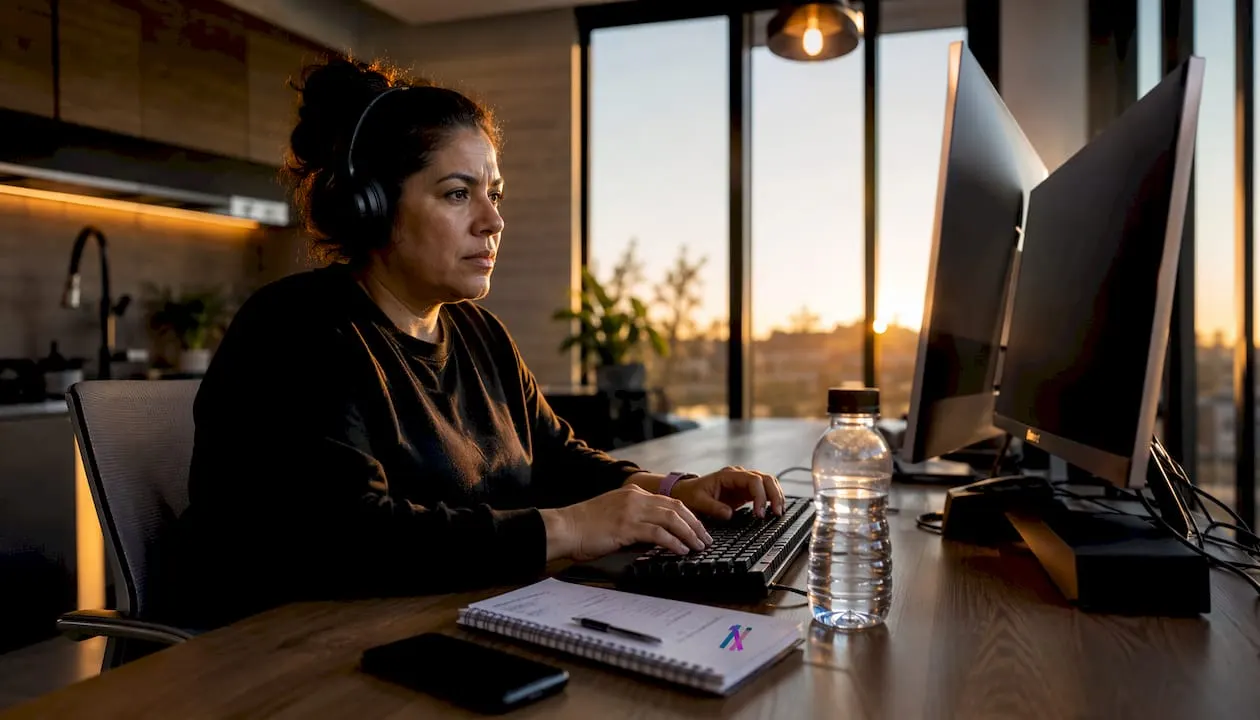 Woman trading stocks in home office morning
