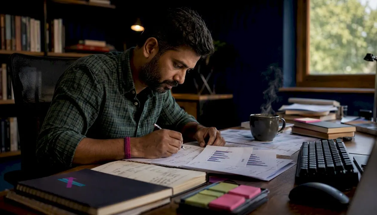 Trader reviewing algorithm charts at home office