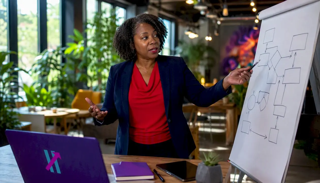 Woman presenting platform comparison in office