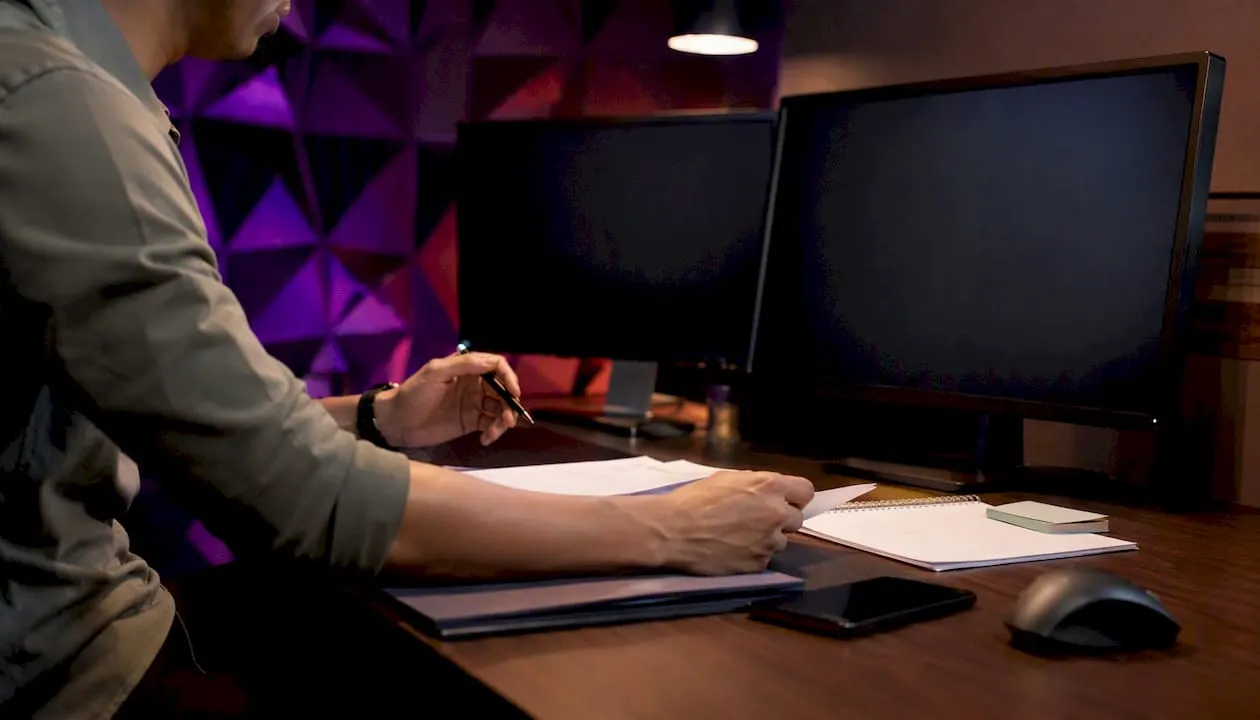 Trader hands adjusting tools by dark screens