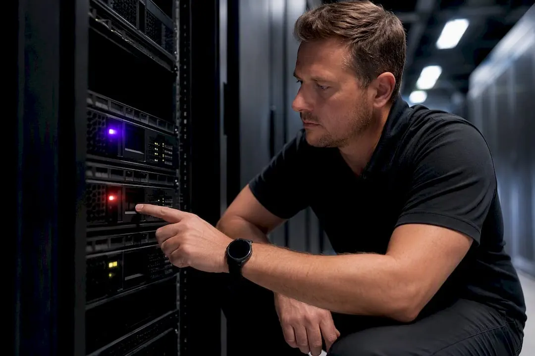 Technician checking webhook server infrastructure