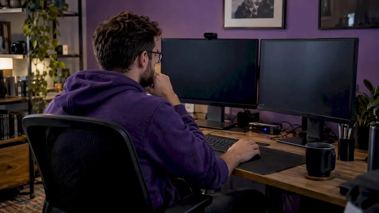 Trader comparing software at a workstation