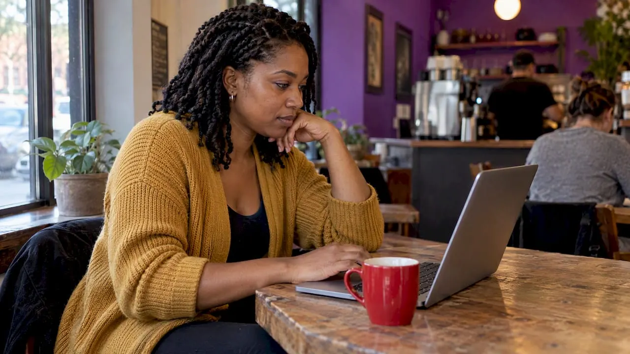 Trader researching online community alternatives at a café