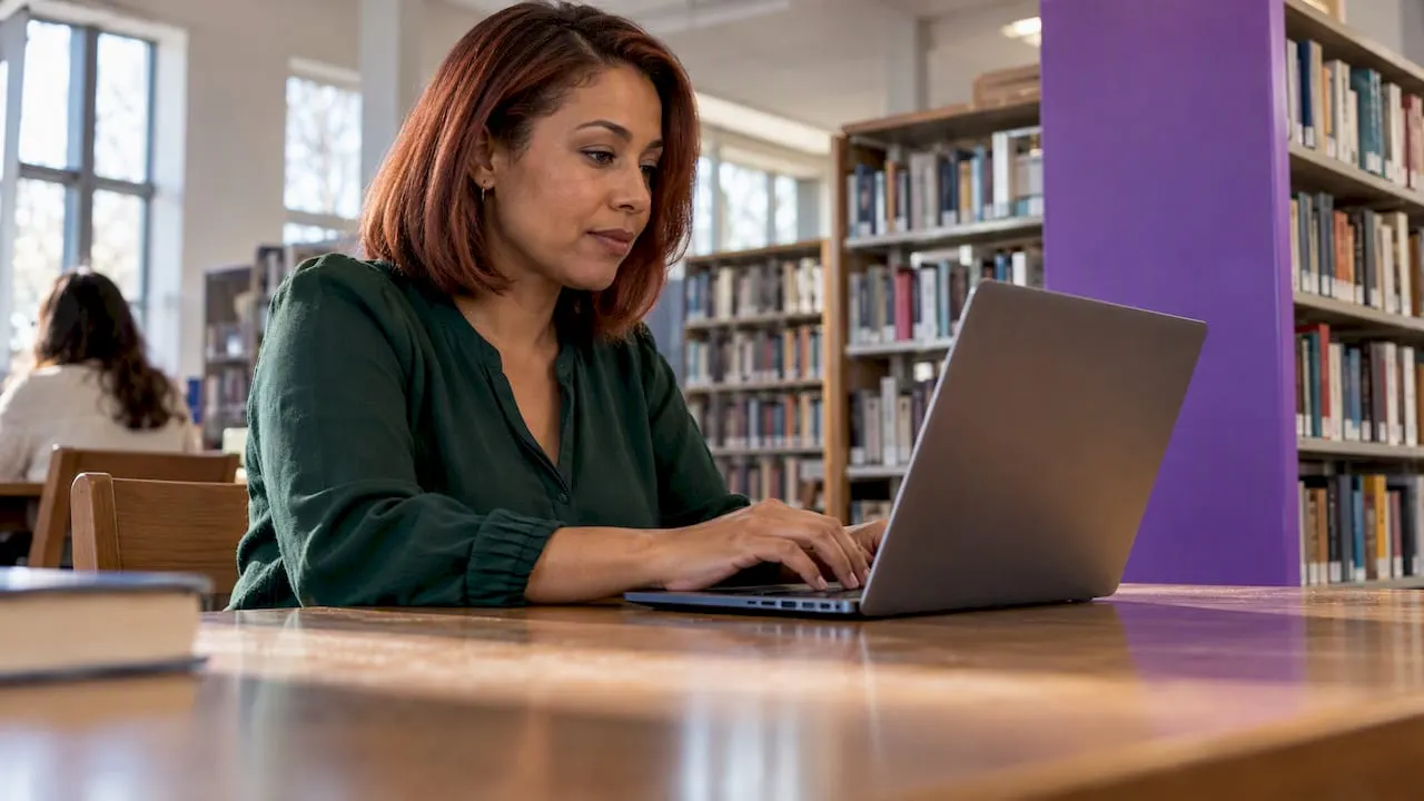 Reader comparing thesaurus options in a library