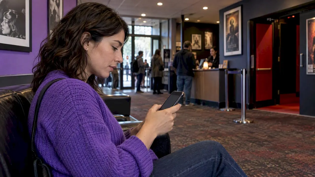 Moviegoer checking film reference apps at cinema